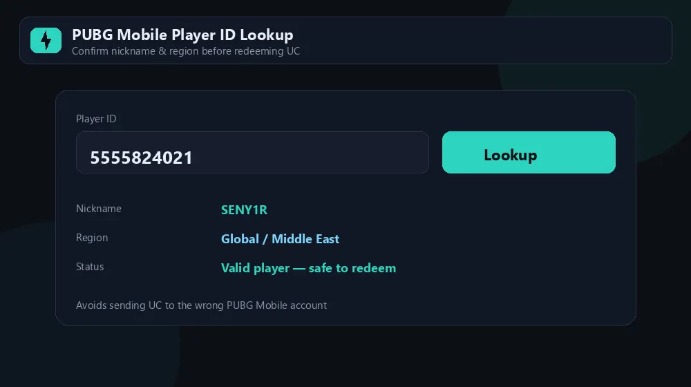 PUBG Mobile player ID lookup returning nickname and region